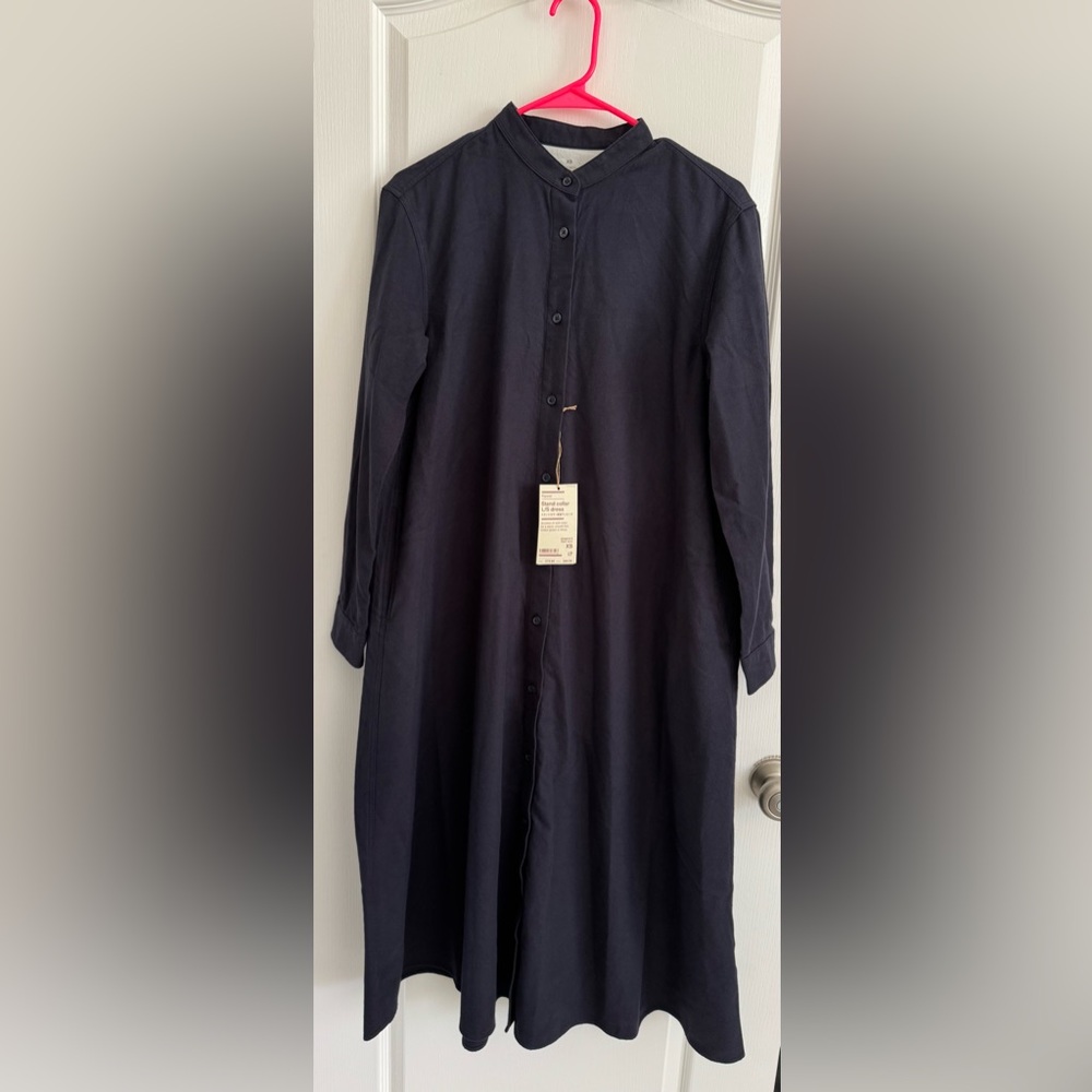 Muji Navy Long Sleeve Button-Front Maxi Dress